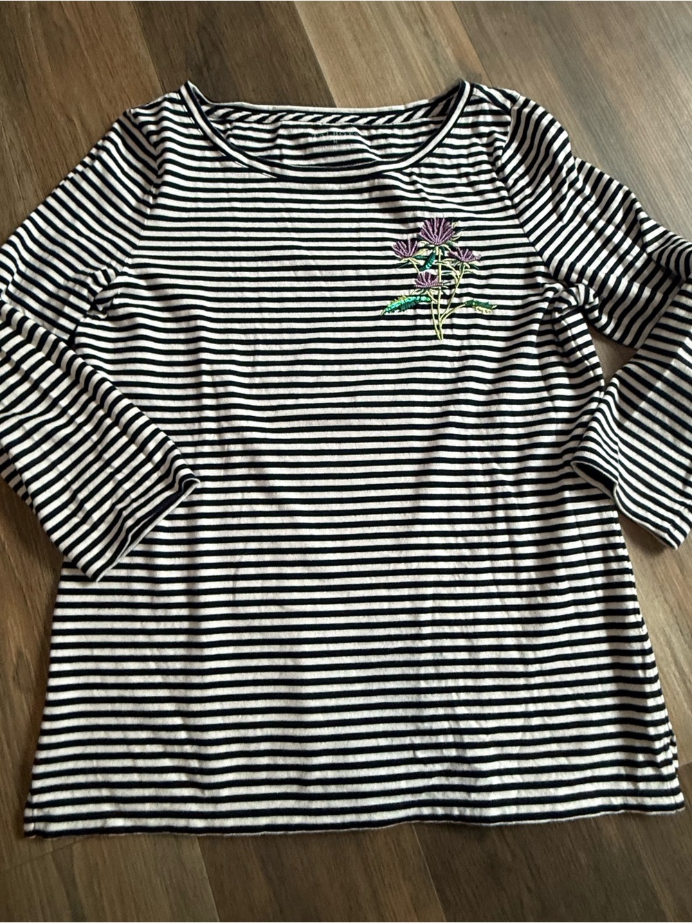 Talbots Striped Black & White Tee with Purple Floral Embroidery